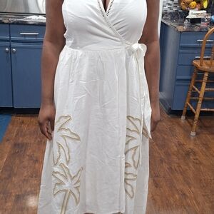 INC International Concepts White Wrap Dress with Gold Embroidery